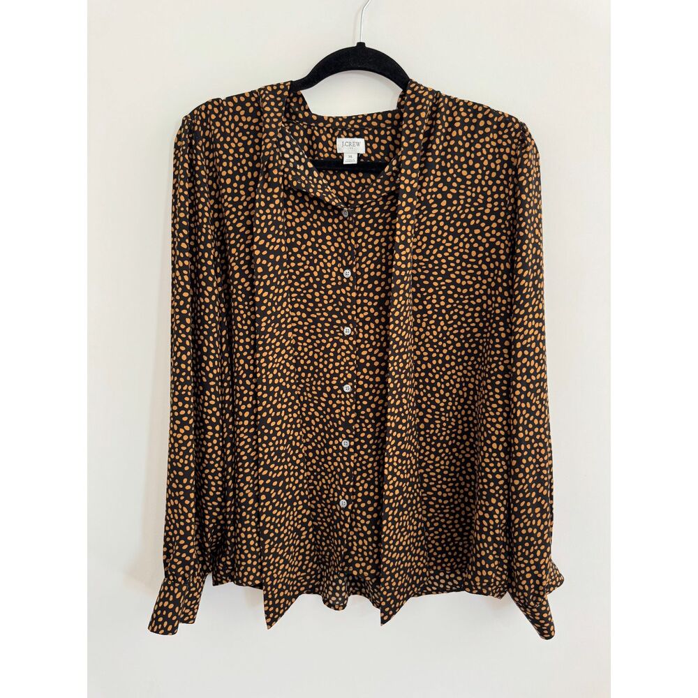 J.Crew Black & Rust Orange Dot Print Tie-Neck Blouse - Women's XL